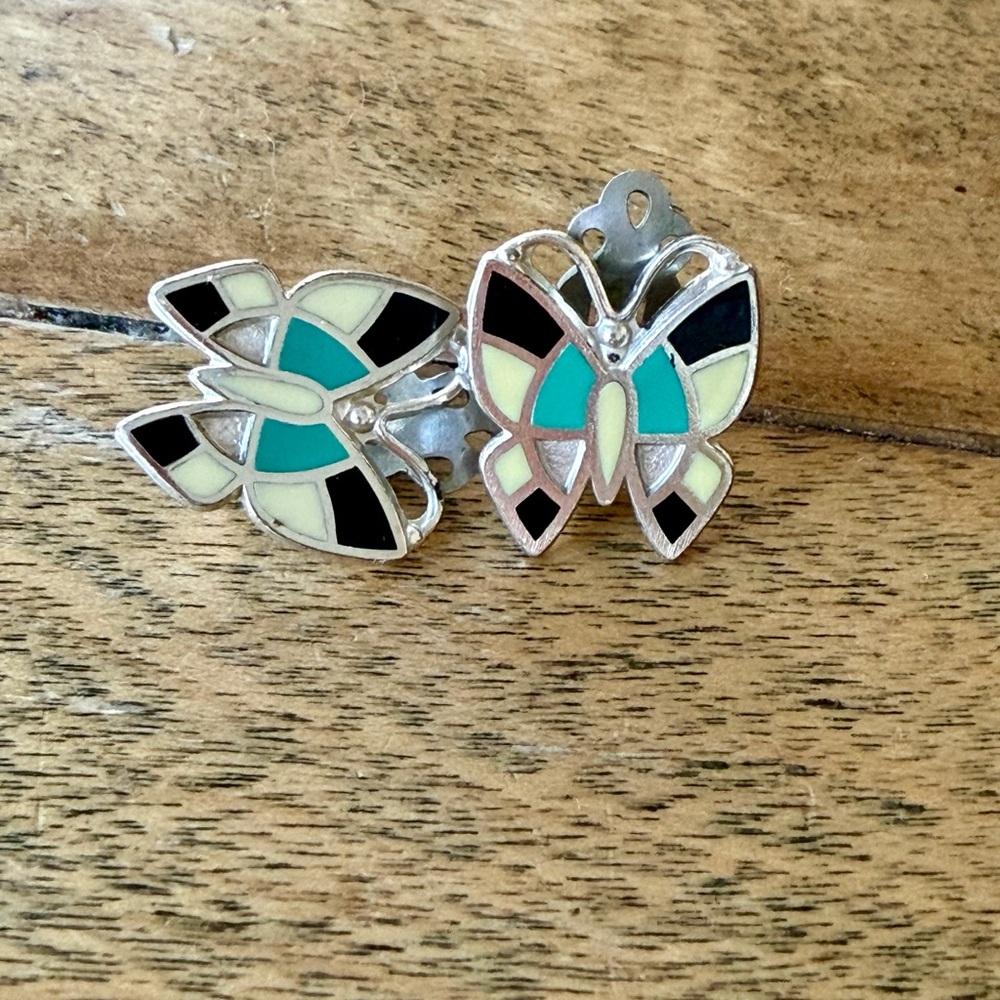 Bell Silver Butterfly Earrings with Black and Turquoise Inlay, Native American